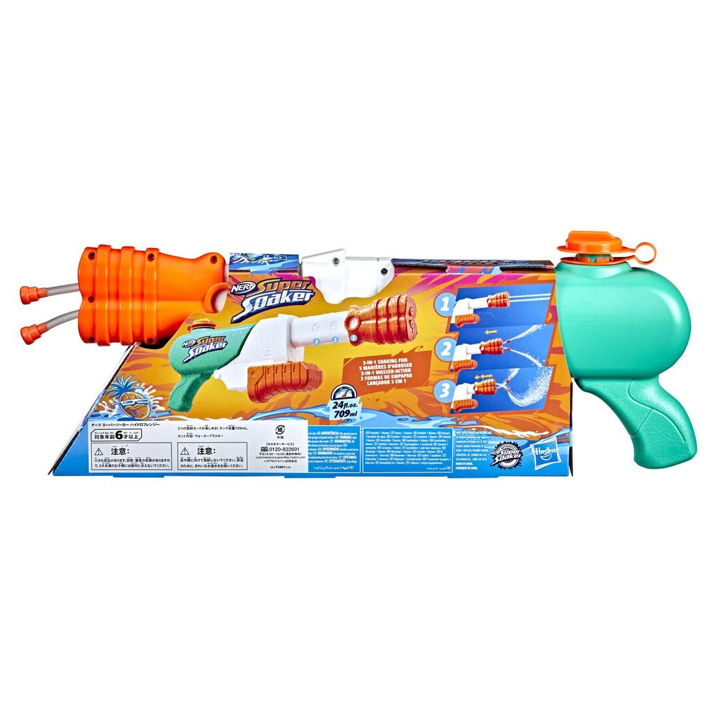 Водяной пистолет Hasbro Nerf Super Soaker Hydro Frenzy, емкость бака 709 мл, Дикий стиль, 3 режима струи, Регулируемая насадка, 2 ствола для запуска, Веселье для детей