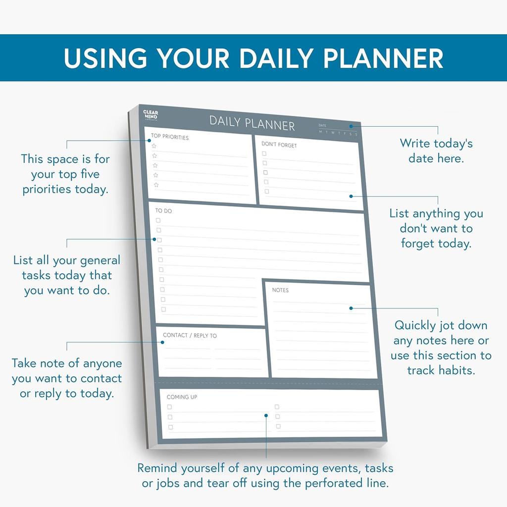 Daily Planner Notepad by Clear Mind Concepts - 100 Tear-Off Sheets, Undated To-Do List Pad, Thick 120gsm Paper for Productivity & Task Organization -