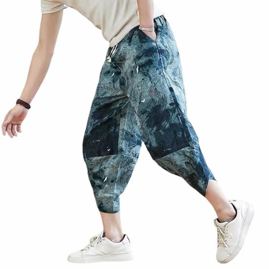 Мужские летние шаровары с эластичной завязкой на талии и карманами, дизайн повседневных брюк с принтом, шаровары, тонкие свободные пляжные брюки, уличная одежда