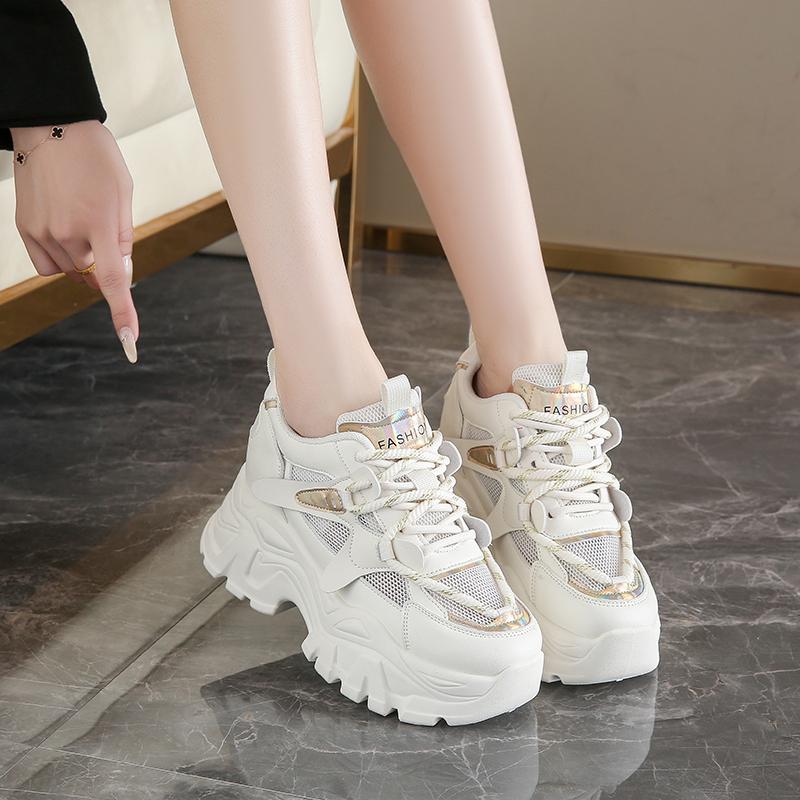 Модные дышащие сетчатые кроссовки на платформе женские весенние на толстой подошве нескользящие повседневные туфли женские на шнуровке на массивной подошве спортивная обувь женская