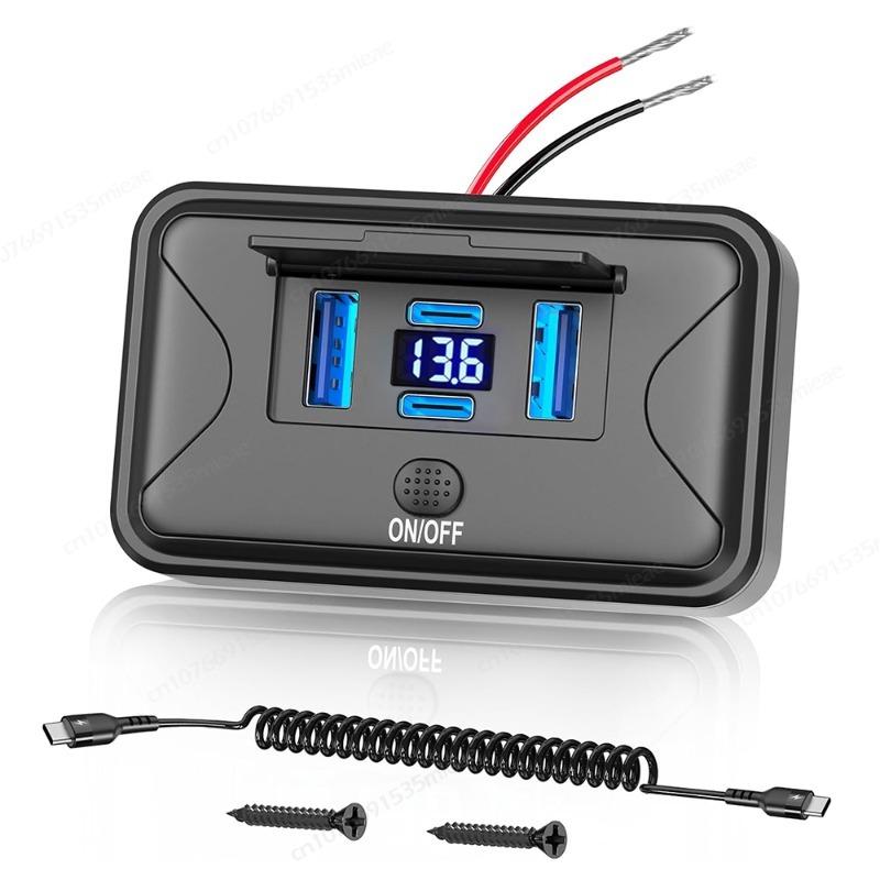 78W 4 Port 12V USB Outlet Wall Mount Dual 36W PD & Dual 18W QC3.0 Charger Socket Panel with Voltmeter,Switch and C To C Cable