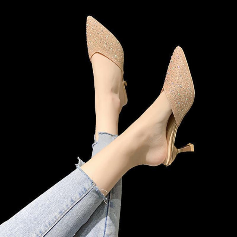 Slides Pink Shoes Crystals Wedding Summer 2024 Mules Women's Slippers and Ladies Sandals Outside Rhenstone Pointed Toe Jewels F