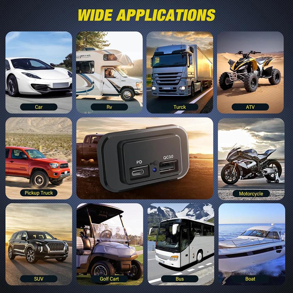 12В-24В Быстрое USB-зарядное устройство для автомобиля 50Вт Двойной USB-C 30Вт и Двойной QC 3.0 20Вт Порт Розетка для автомобильного зарядного устройства Аксессуары для автобуса, дома на колесах, грузовика