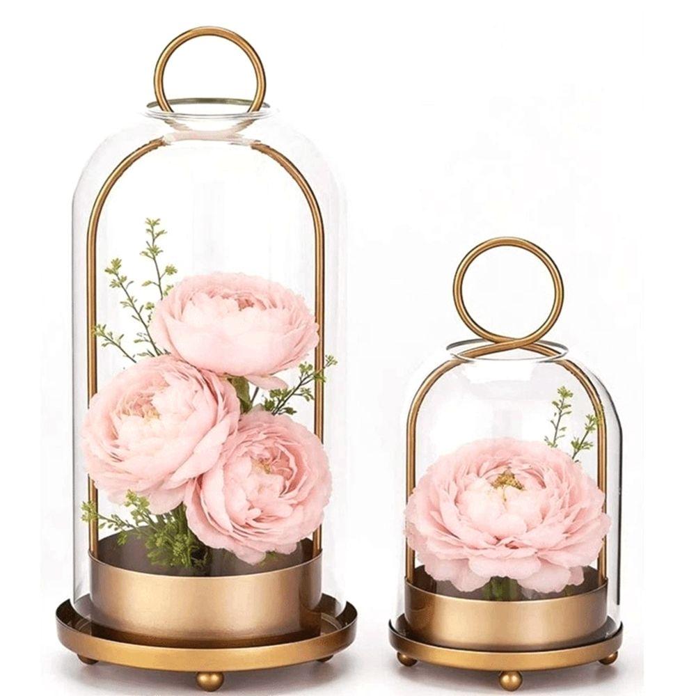 Glass Dome Metal Candle Holder Set Vintage Brass Pillar Candle Stand Tabletop Decor