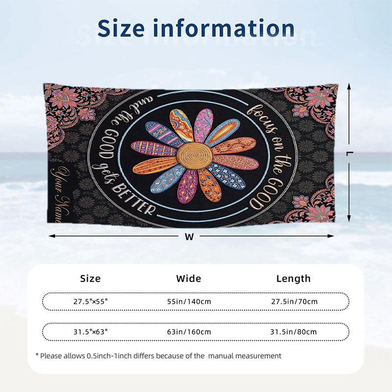 Flower Power Groovy Art Theme Quick Dry Beach Towel Custom Name Text Print Large Sand Resistant Towel Beach Vacation