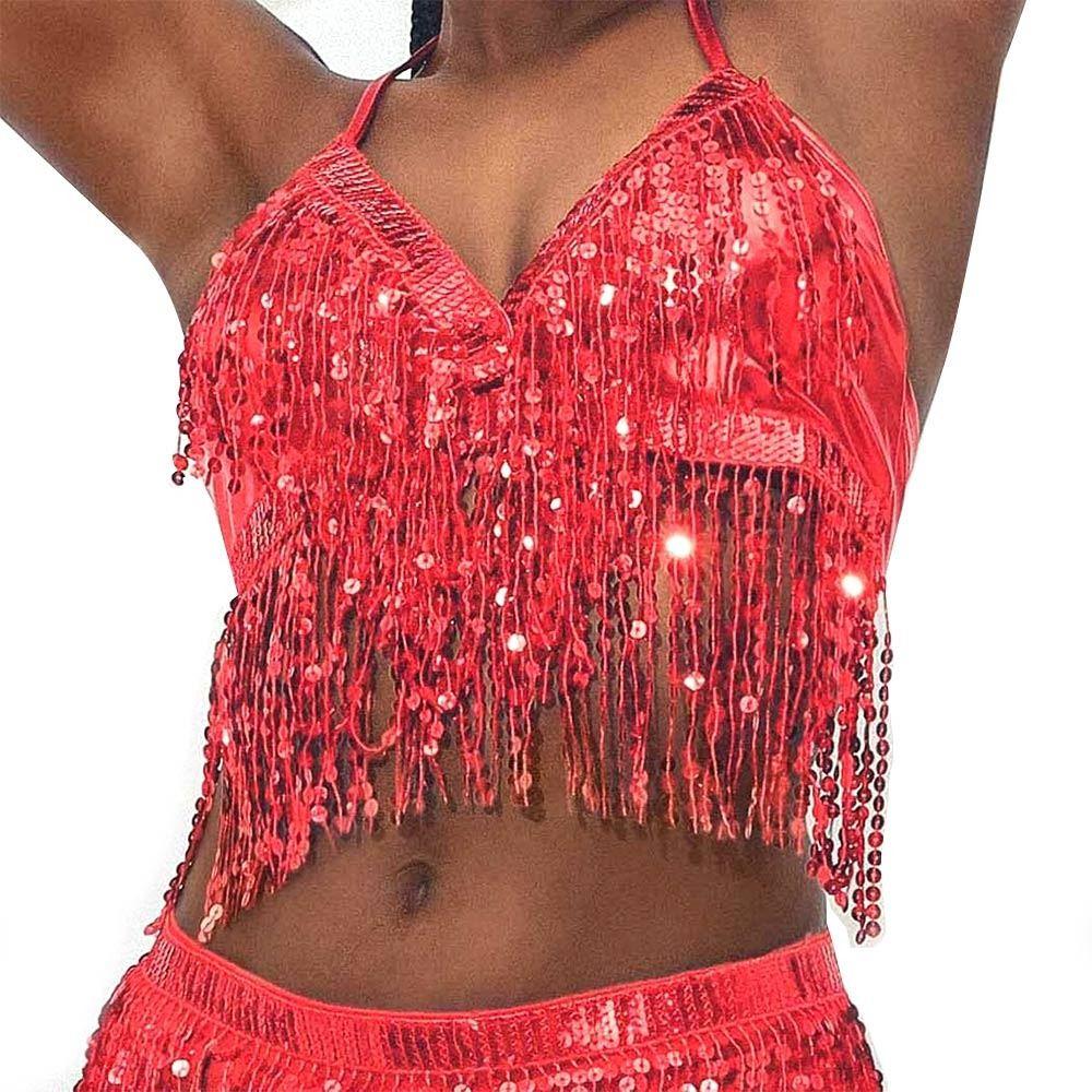 Stage Sequin Nightclub Tassel Performance Top Halter Bra Show Costumes Belly Dance Bra