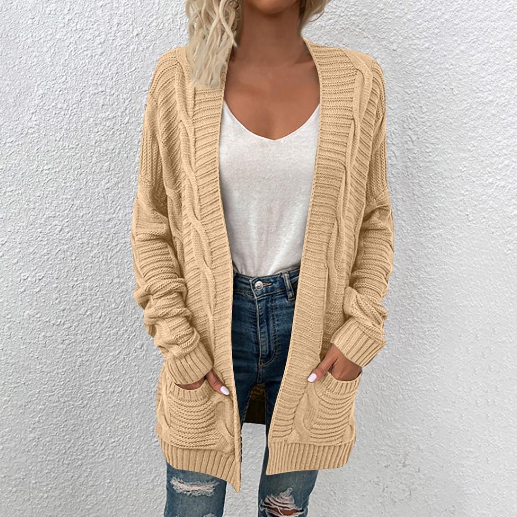Женский однотонный свободный трикотажный кардиган средней длины с длинным рукавом для женщин