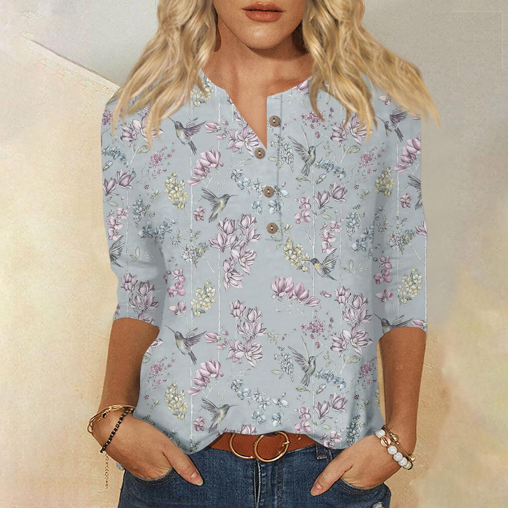 3/4 Sleeve Shirts For Women Cute Flowers Print Graphic Tees Blouses Casual Plus Size Basic Tops Pullover