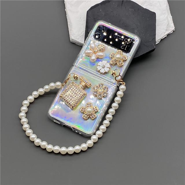 For Samsung Galaxy Zflip 3 5g Zflip 4g 5g Zflip 4 Fashion Diamond Flower Perfume Bottle Pearl Hand Chain Flash Laser Card Case