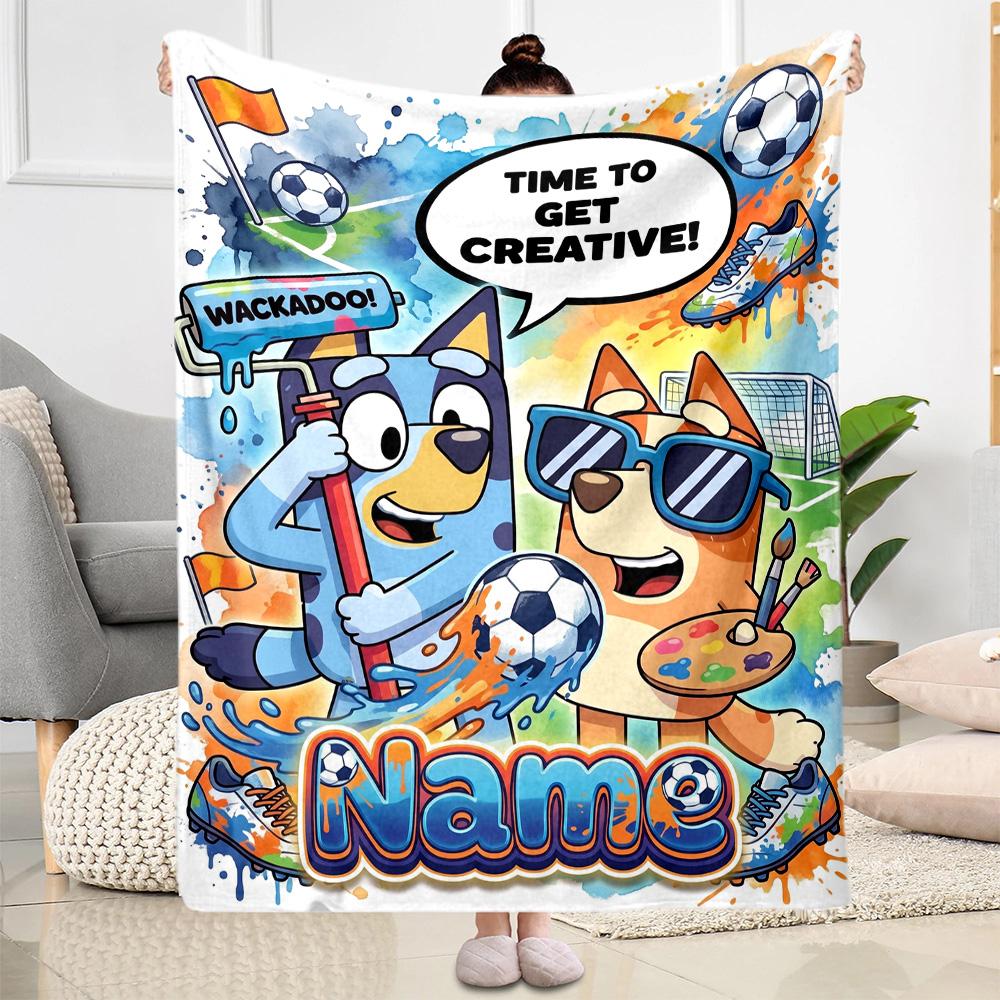 Bluey's Soccer Fun Personalized Text Blanket Multi-purpose Personalized Blanket Soft Warm Cozy Suitable for Seaside Picnics Nap Office Chair