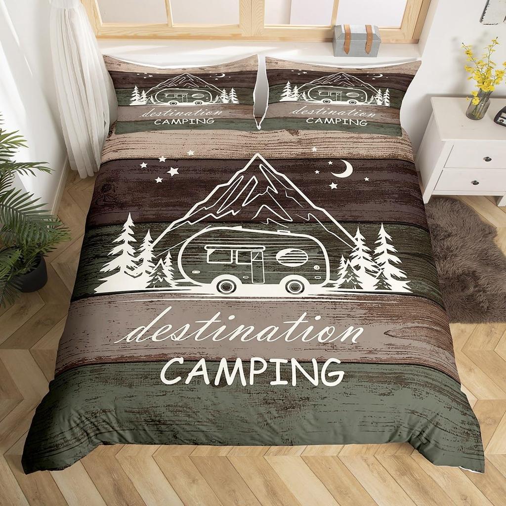 Comforter Happy Camping Queen Full Twin King Camper Theme Comforter With 2 Rustic Farmhouse Style Bedding Set