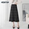 Vintage Plaid Woolen Skirts Women Korean Elegant Tassel Long Skirt Female Harajuku High Waist Loose Midi Skirt Faldas