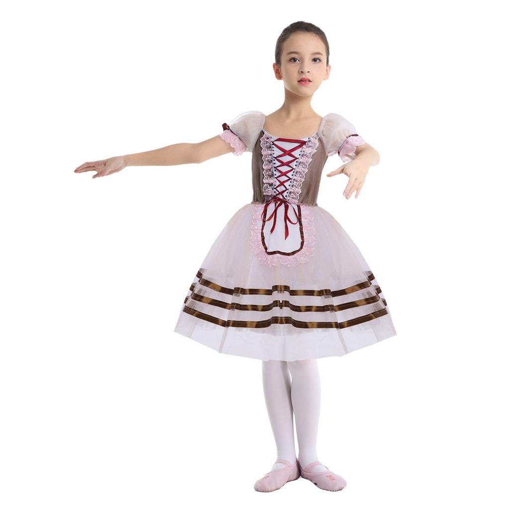 Girls Puff Sleeve Layered Tutu Dress Lace Trim Velvet Bodice Lace Up Back Ballet Costume