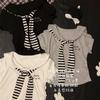 Cute Cute Navy Collar Striped Shawl Short-sleeved T-shirt Women's Summer New Front Shoulder Slim-fitting Short Top