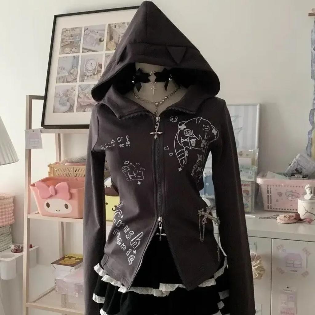 2KWEIRD Японский Милый Кошачьи Ушки E-Girls Слим Субкультура Универсальный Аниме Толстовки с Капюшоном С Длинным Рукавом