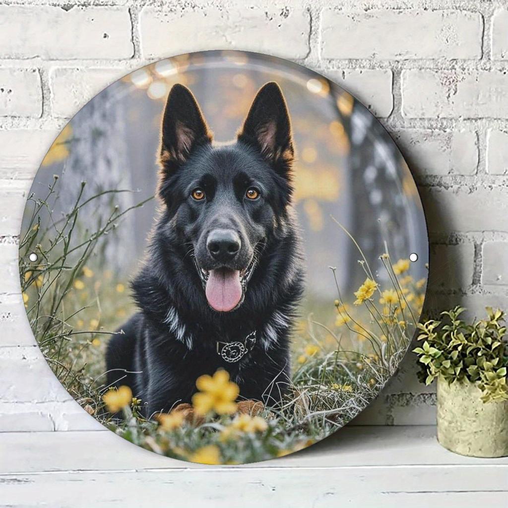 D Flat Vintage Black German Shepherd Metal Wall Art cm Round Aluminum Sign with Lifelike Dog Design Perfect for Bedro