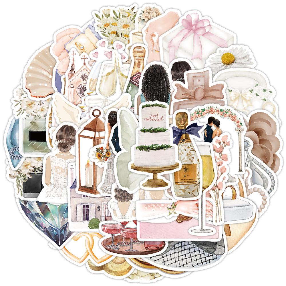 50 Watercolor Wedding Doodle Stickers - Waterproof Decorative Set for Water Bottles & Computers