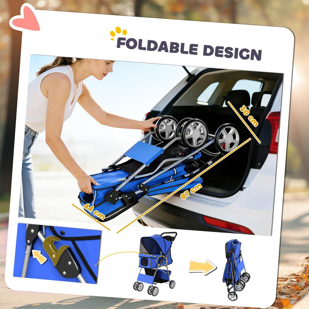 Dog Pram Pet Stroller With Reflective Strips Foldable Cat Stroller With 360 Degree Swivel Wheels Blue