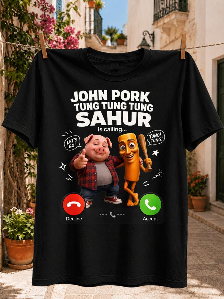 John Pork And Tung Tung Sahur With Meme Call Screen Lets Go Speech Bubble And Phone Buttons Unisex Unisex All Tshirt