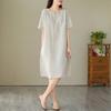 Women's Summer Lightweight Cotton Linen Dress, Japanese Minimalist Solid Color Round Neck Short Sleeve Loose Casual Midi Dress