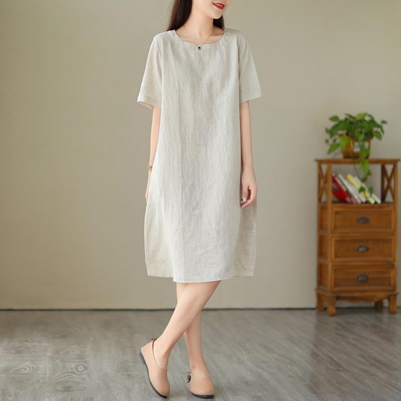 Women's Summer Lightweight Cotton Linen Dress, Japanese Minimalist Solid Color Round Neck Short Sleeve Loose Casual Midi Dress