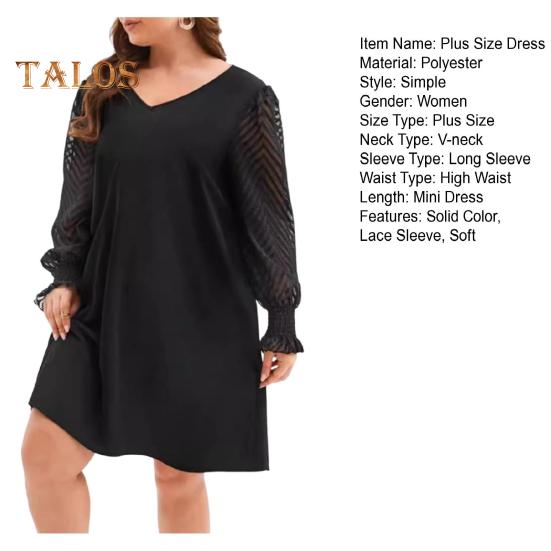 Платье больших размеров с V-образным вырезом, кружевной отделкой, расклешенным длинным рукавом, мини-платьем с высокой талией, однотонное повседневное мини-платье