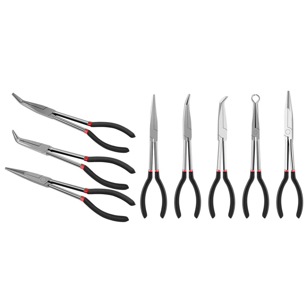 Набор плоскогубцев с длинными губками 3 шт. 11 дюймов Углеродистая сталь Плоскогубцы с длинными губками Нескользящие Плоскогубцы с прямыми и изогнутыми губками Плоскогубцы для стопорных колец O-образной формы