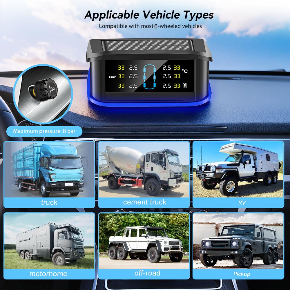Система мониторинга безопасности сигнализация солнечная TPMS цифровой ЖК-дисплей грузовик RV TPMS со световым индикатором предупреждение сигнализация давления в шинах автомобиля 6 внешних датчиков