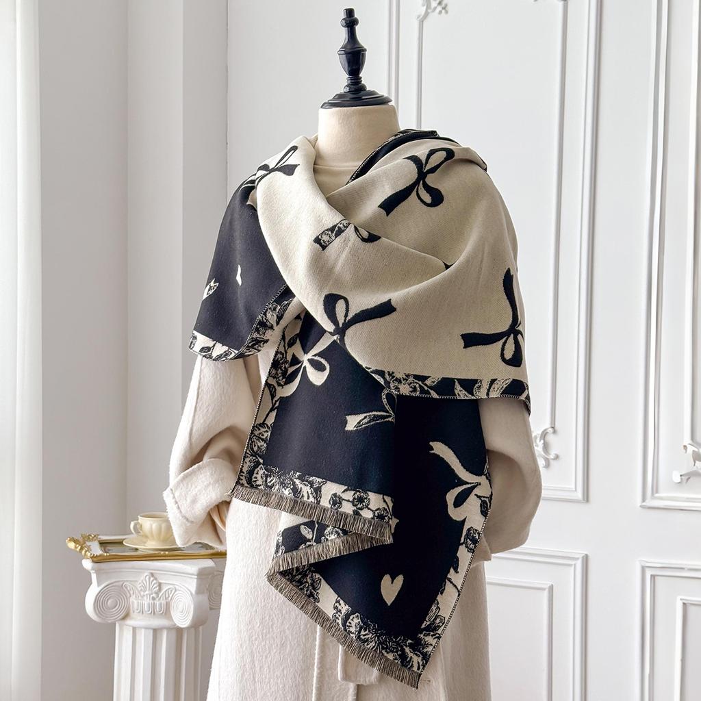 Women New Elegance Bow Print Scarf Winter Warmer Pashmina Two-Sided Scarves Female Shawls Thick Blanket Wraps Foulard Scarf