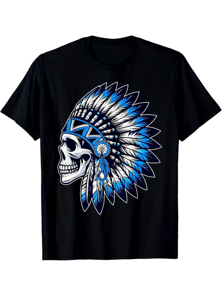 Men's & 's Plus Size Native American Chief with Skull Headdress T-Shirt - 220GSM Heavyweight Pure Co