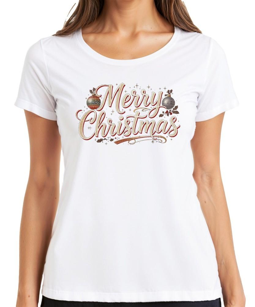 Merry Christmas Xmas Baubles Hand Lettering Retro Ladies TShirt