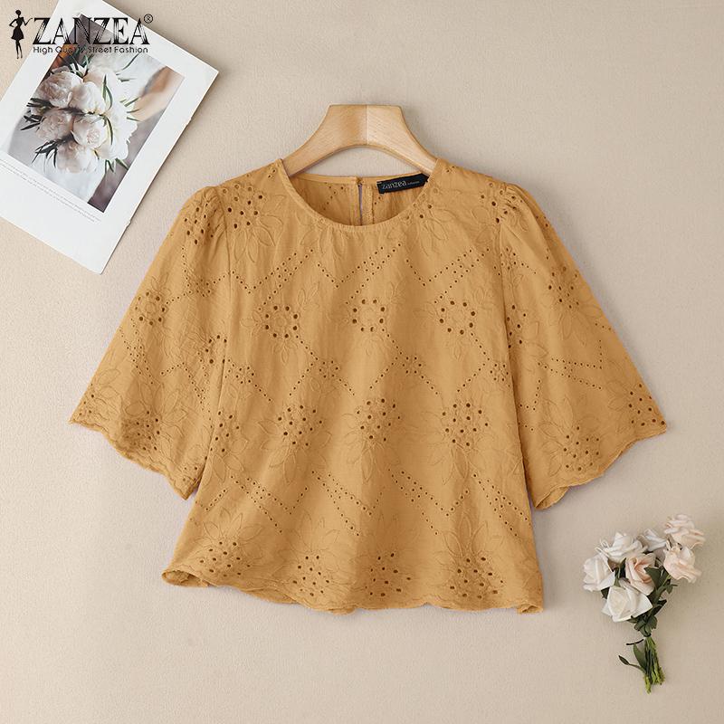 ZANZEA Женская повседневная летняя блузка с круглым вырезом и коротким рукавом с кружевной вышивкой