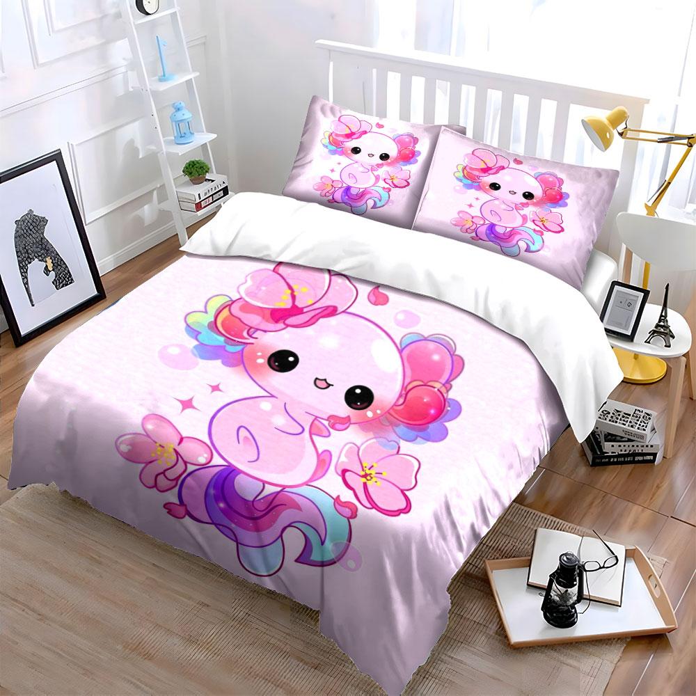 Cute Pink Axolotl with Flowers Bedding Duvet Cover Set (1*Duvet Cover 2*Pillowcases, without duvet insert)