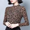 Autumn Leopard Print Slim Body Shirt Mesh Base Shirt for Women with Thin Casual Half-high Neck Temperament T-shirt