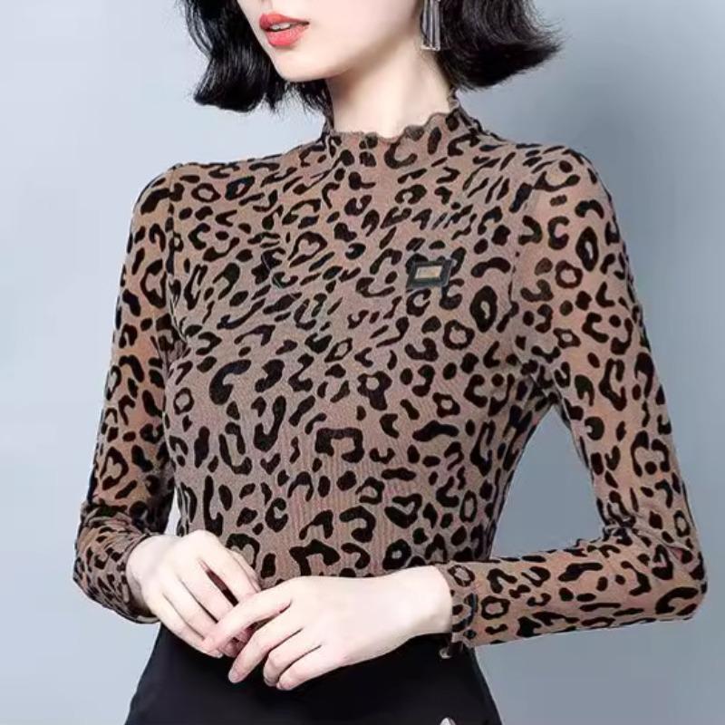 Autumn Leopard Print Slim Body Shirt Mesh Base Shirt for Women with Thin Casual Half-high Neck Temperament T-shirt