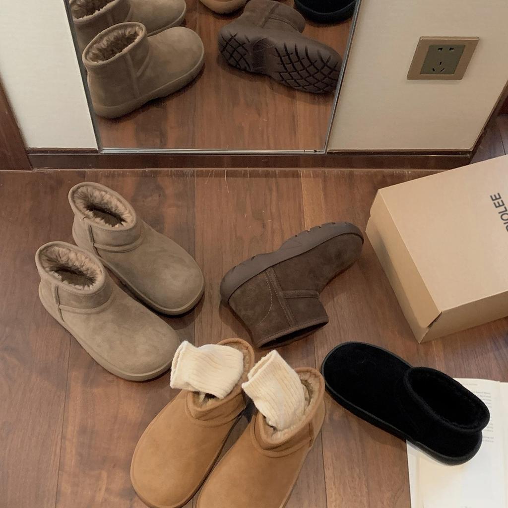 Cowhide Version~ Thick-soled Short Snow Boots Warm and Velvet Real Fur Integrated Snow Boots Cotton Shoes Winter Deep Short Boots