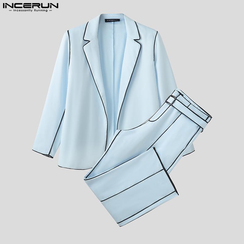 INCERUN Осенние мужские комплекты оверсайз из двух предметов: блейзер с длинным рукавом и строчкой + длинные прямые брюки