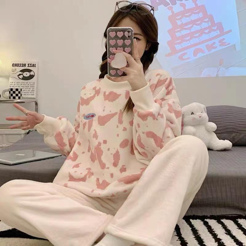 Women's Autumn Winter Flannel Lounge Sets Womens Cute Sheep Printing Princess Home Wear Round Neck Long Sleeve Women's Two Piece Set