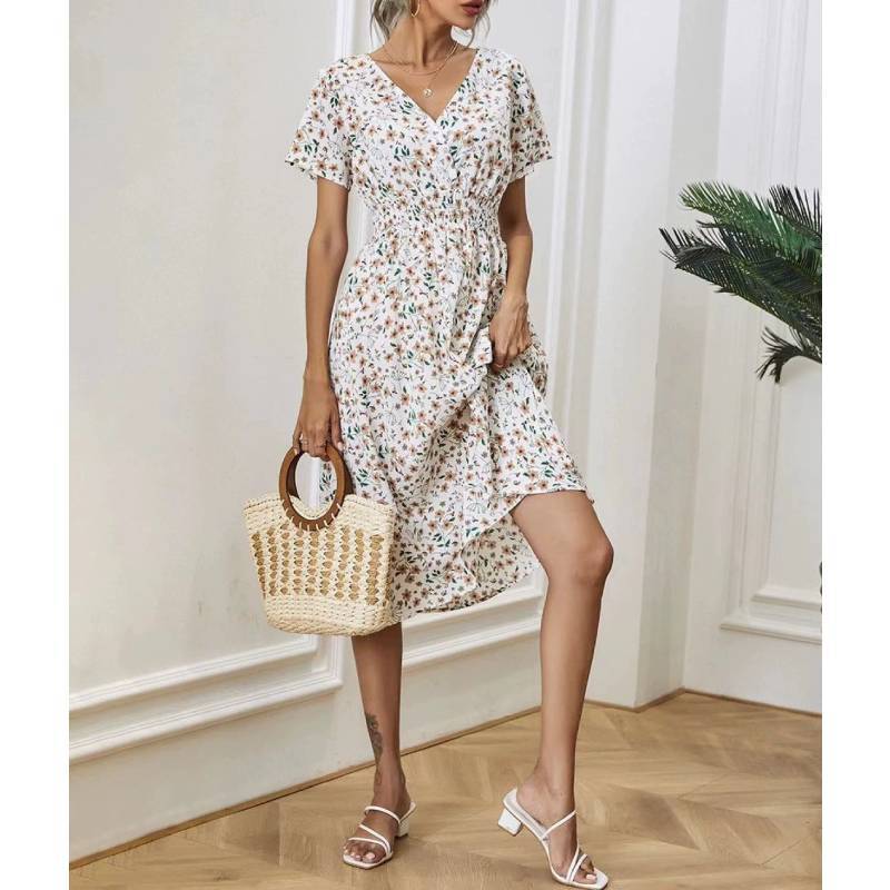Polyester Floral Print A Line Dress With V Neck For Summer Casual Women