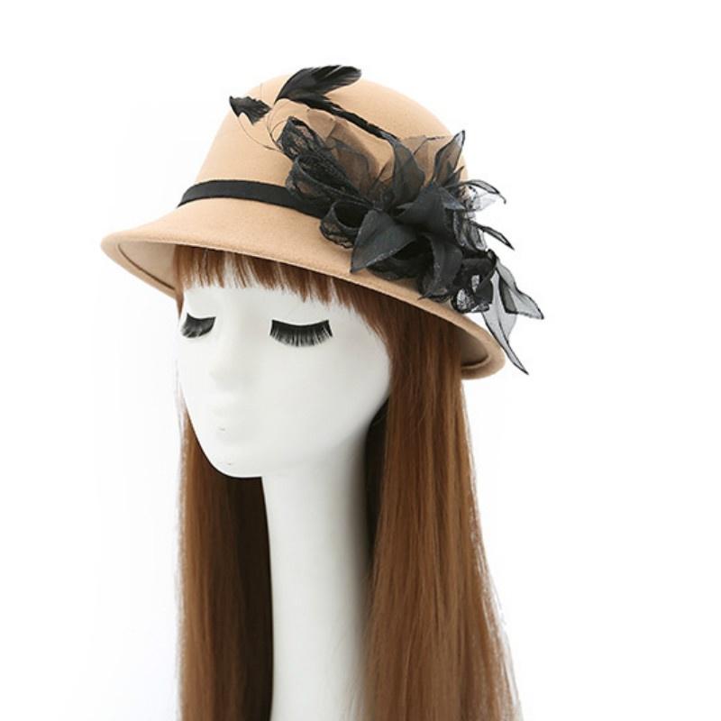 Autumn and Winter Aristocratic Gauze Feather Flower Hat Lady Mature Temperament Imitation Wool Dome