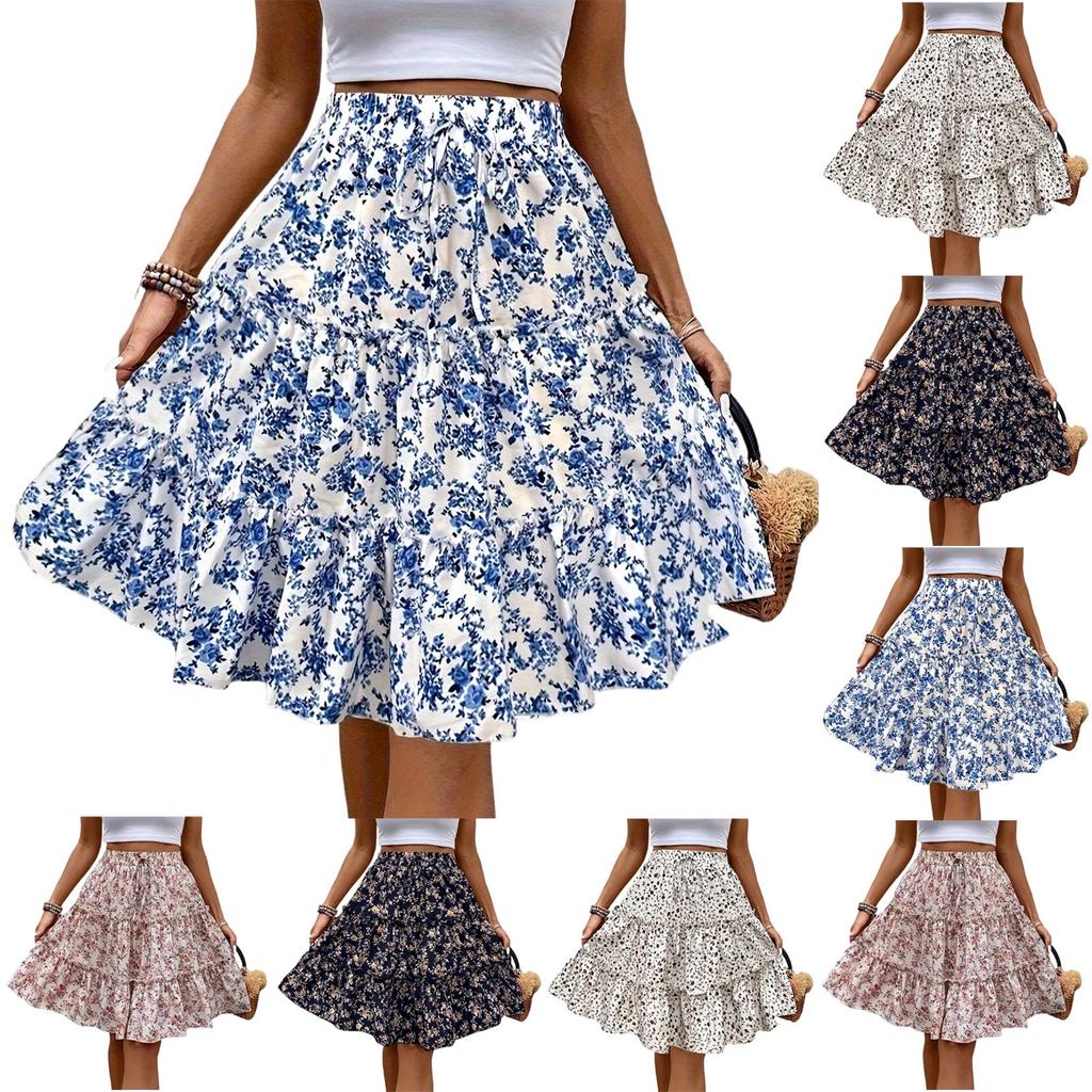 Women's Fashionable Floral Print Elastic Waist Strap Versatile Casual Skirt