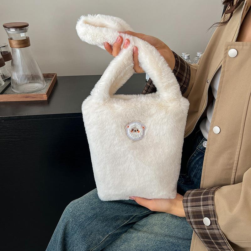 2025 Autumn and Winter New High-value Plush Bag Bucket Bag Large-capacity Bear Embroidered Shoulder Bag Tote Bag Women