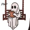 Decorative Tree for Halloween Parties Ghost on A Swing Reading Figurine, Spooky Wooden Centerpiece Black Decor Home Nook Bookshelf Library, Gifts Book