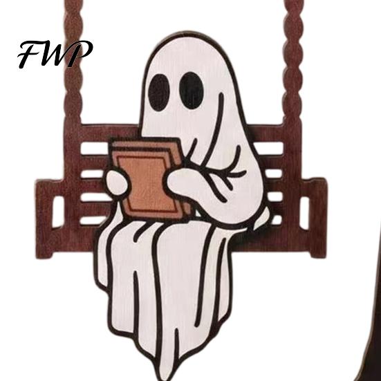 Decorative Tree for Halloween Parties Ghost on A Swing Reading Figurine, Spooky Wooden Centerpiece Black Decor Home Nook Bookshelf Library, Gifts Book