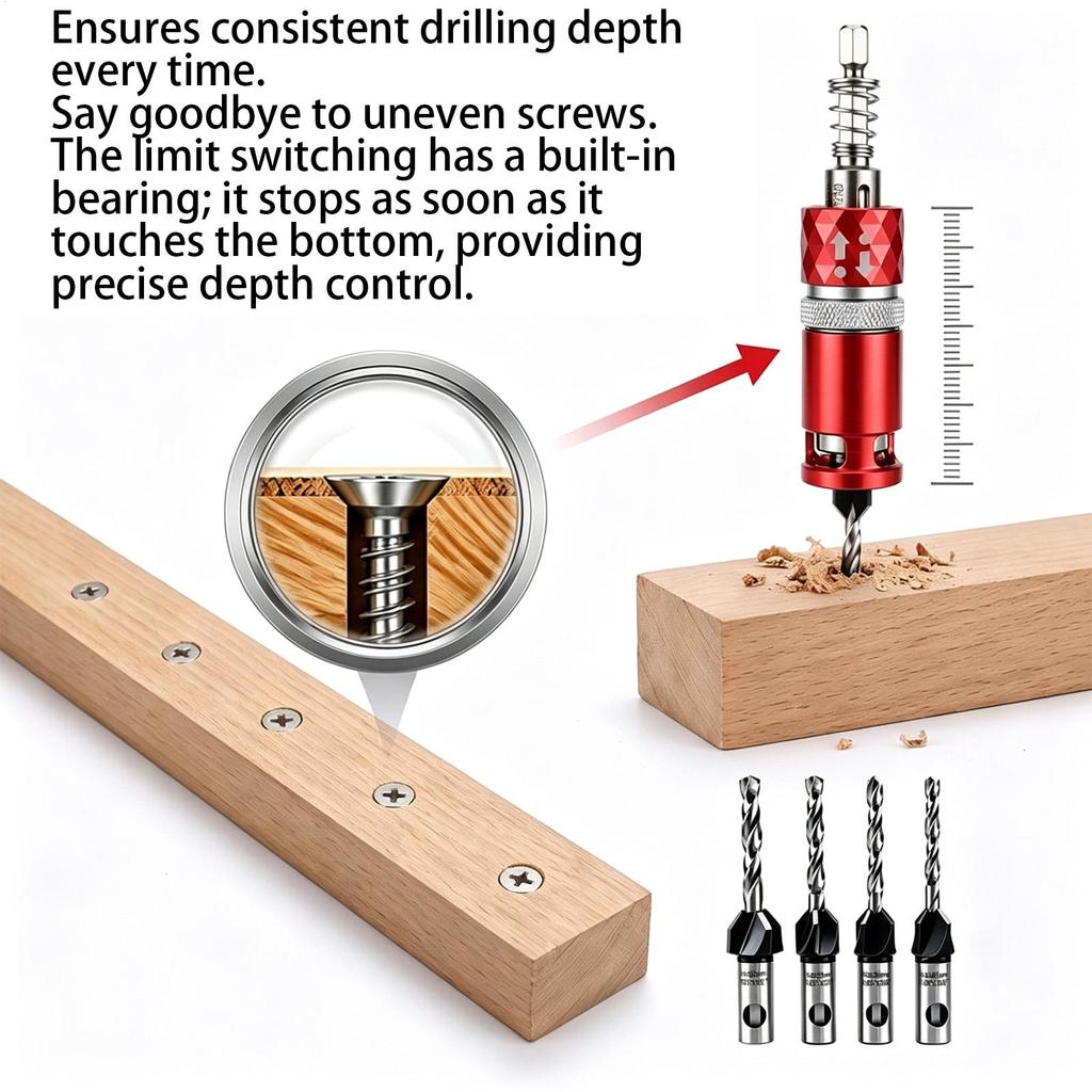 Depth Counterbore Bit Set 4 Flute Hex Shank Adjustable 1/4 Inch Anti Scratch Precise Drilling Tool For Plywood Shelf Cabinet