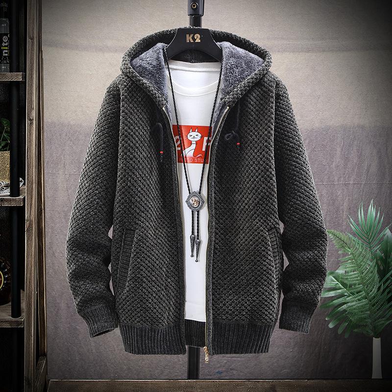 Мужская куртка из синели в корейском стиле с капюшоном — зимняя однотонная, повседневная, теплая, плюс бархат, кардиган на молнии.