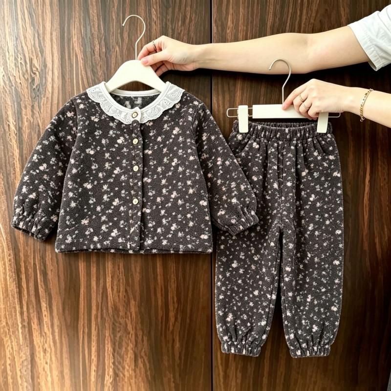Boys Girls Winter Fleece Lined Cardigan Pajama Set Toddler Baby Warm Homewear