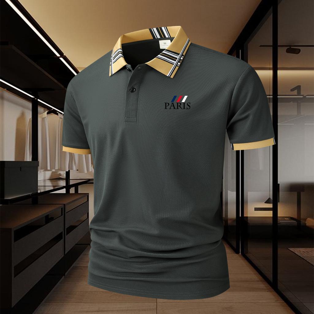 Men's polo shirt with a double-button collar and checkered cuffs-moisture-wicking-relaxed-fit casual wear