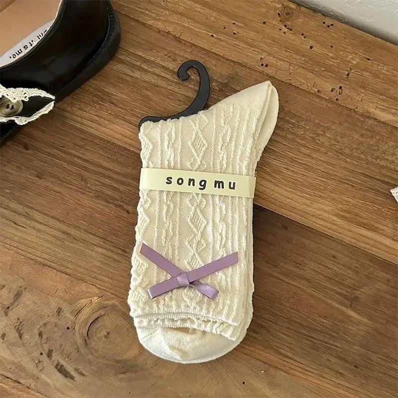 1/3 Purple Floral Socks Children's Middle Socks Autumn Cute White Bow Middle Socks Sweet Retro Lace Socks