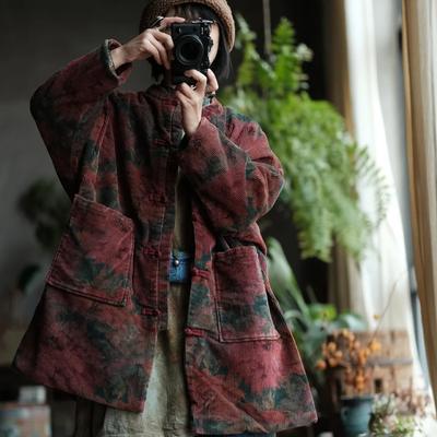 Женские винтажные вельветовые пальто с цветочным принтом, на пуговицах, пэчворк, с карманами, зимние, теплые